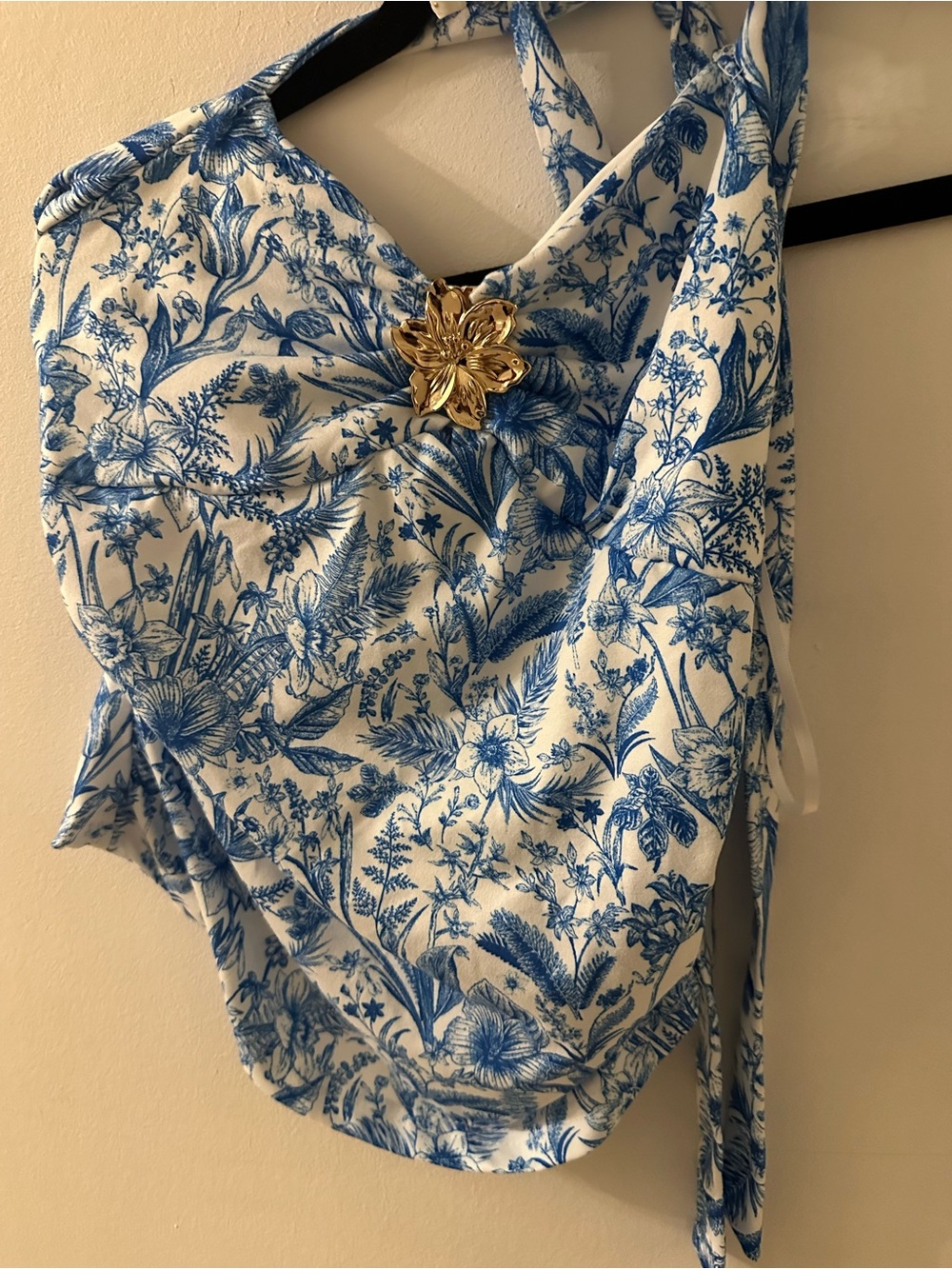 Blue & White Floral Halter Tie-Waist Women’s Top
